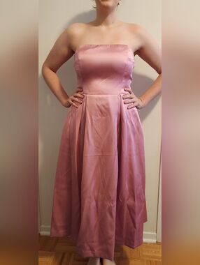 H&M Strapless Satin Tea Length Dress with Pleats